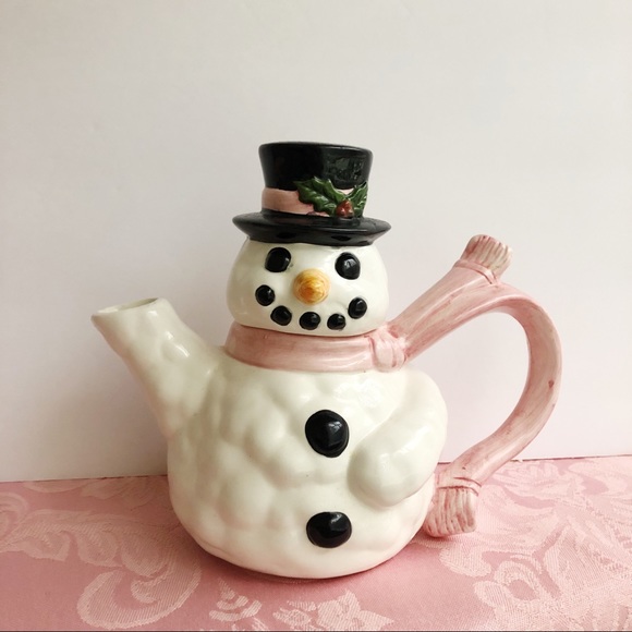 Vintage Pink Snowman Christmas Teapot